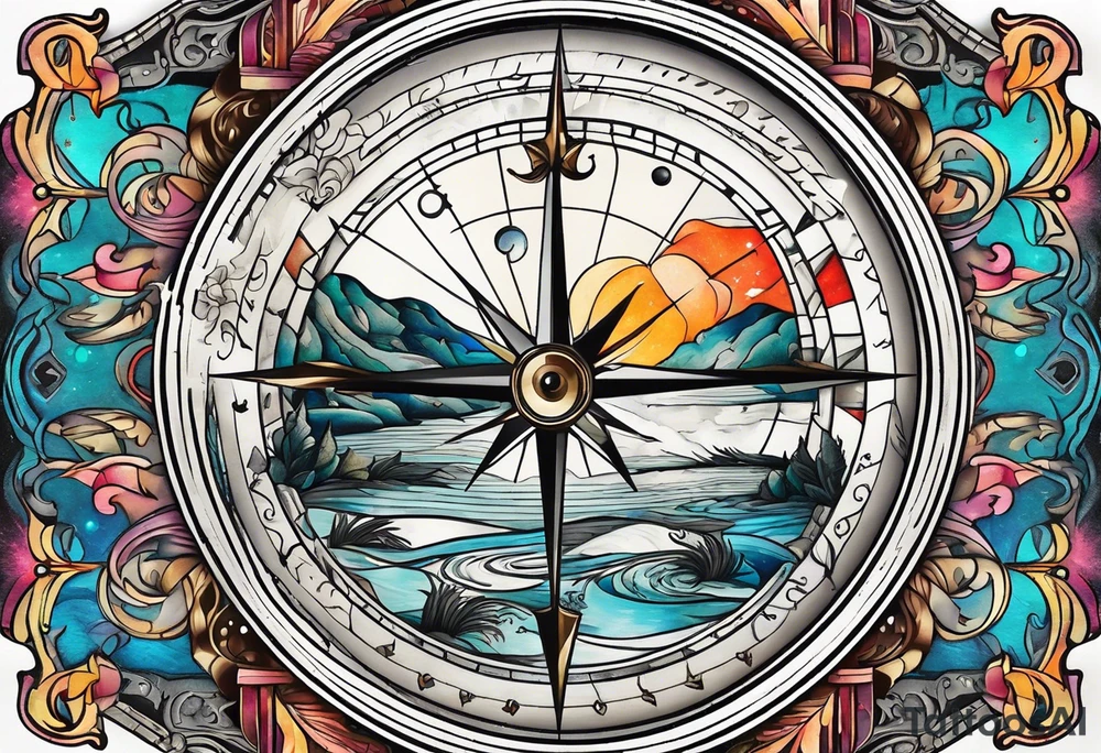 vintage compass with river falling over it tattoo idea
