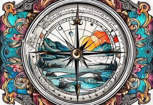 vintage compass with river falling over it tattoo idea