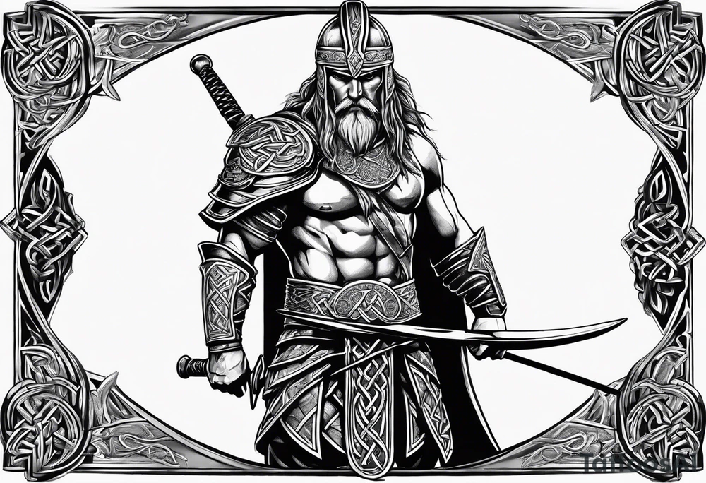 Celtic warrior facing side with weapons drawn tattoo idea
