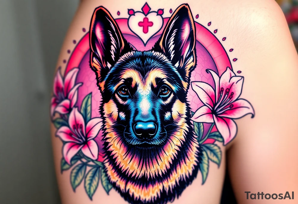 realistic german shepherd with alert ears looking protective surrounded by pink lilies with leaves in front of a sacred heart tattoo idea