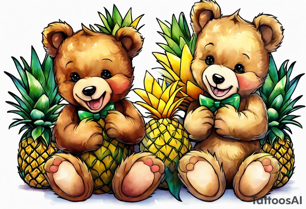 Teddy Bear biting pineapples tattoo idea