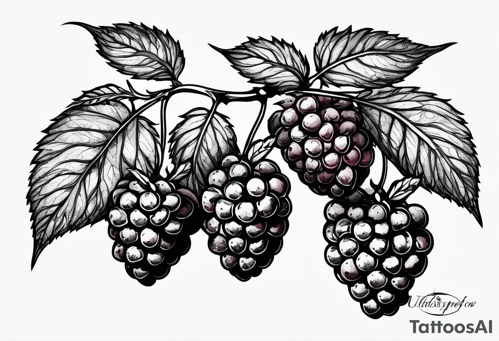 a single long raspberry branch with lots of leaves that is hanging upside down tattoo idea
