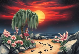 Sunset galaxy. Rocky Dark Ocean.  fairies, mermiads, dragons  weeping willow garden with roses and lilies flower beds,,  cat paw prints path in dirt. tattoo idea