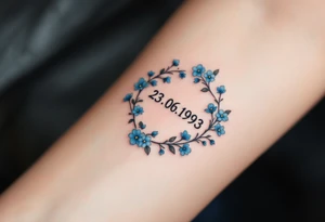 Subtle date 23.03.1993 in fine black linework, wrapped in pastel blue forget-me-nots. tattoo idea
