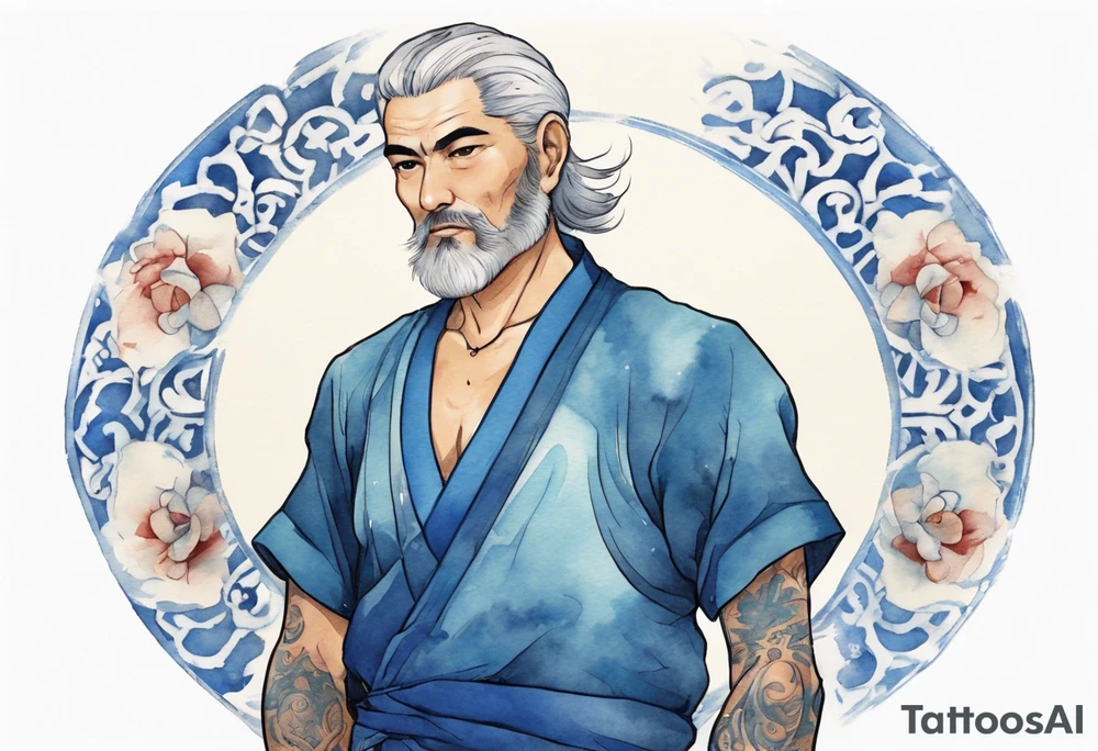 a handsome persian middle-aged man with short salt-and-pepper hair wearing a blue tunic tattoo idea