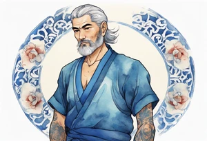 a handsome persian middle-aged man with short salt-and-pepper hair wearing a blue tunic tattoo idea