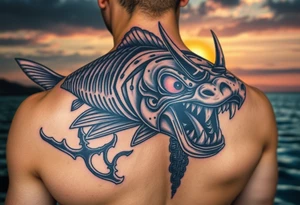 Coy fish jumping from the water. Fierce oni mask up close. Sunset in the background. Swords tattoo idea