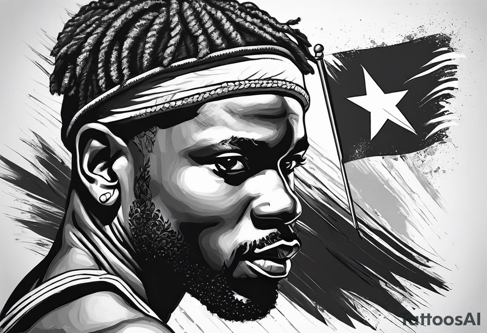 create a haitian flag theme tattoo that goes over a black mans left chest. Have it embody christian faith, salsa dancing, real estate, and public speaking, tattoo idea