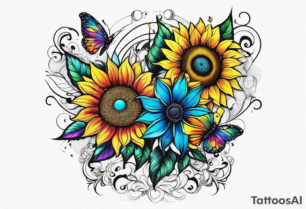 arm sleeve with winged cross, rainbow sunflowers and butterflies tattoo idea