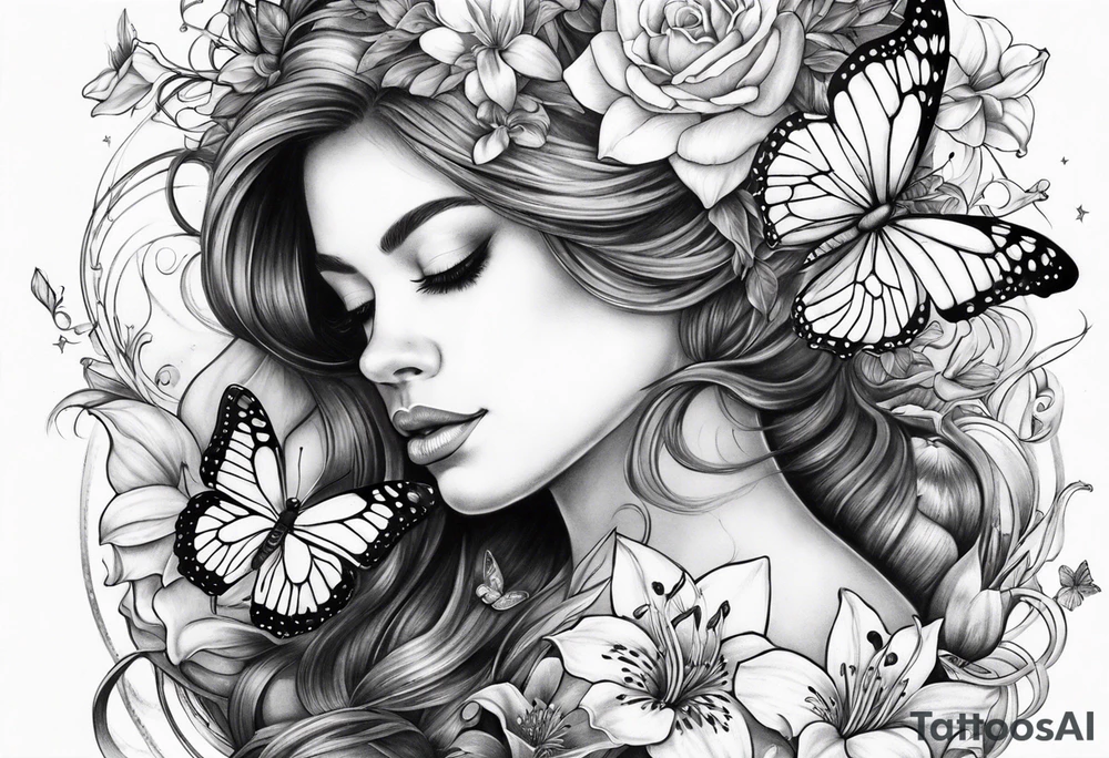 Harvey Ruby lillies flowers butterflies stars fantasy books half sleeve tattoo idea