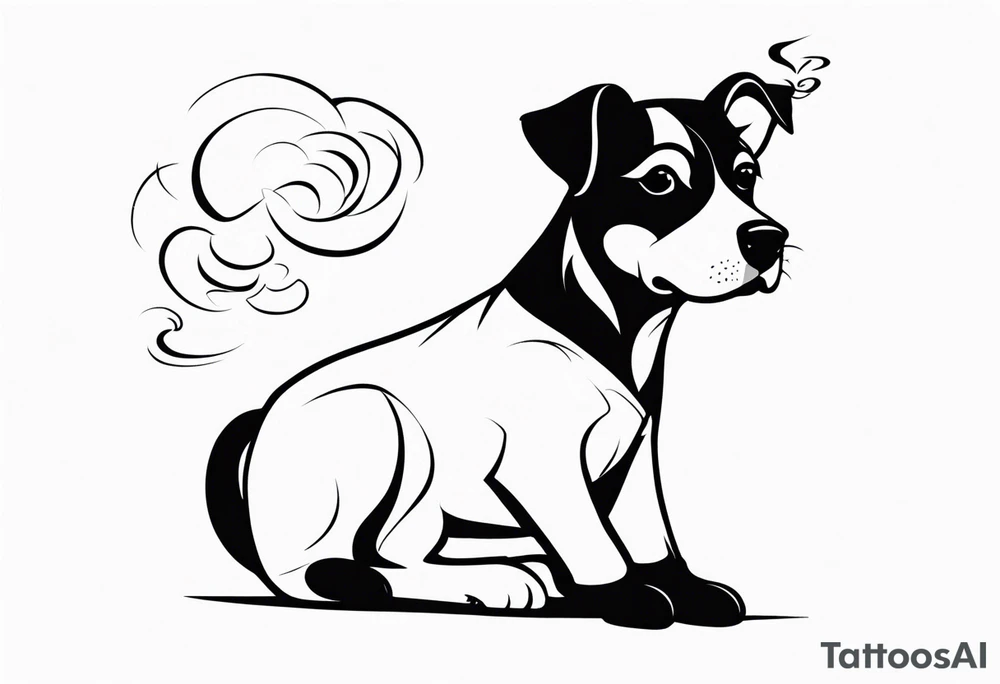 A black and white sketch of a cute dog with large, sad eyes, sitting and smoking a cigarette, with smoke swirling around its head tattoo idea