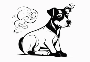 A black and white sketch of a cute dog with large, sad eyes, sitting and smoking a cigarette, with smoke swirling around its head tattoo idea