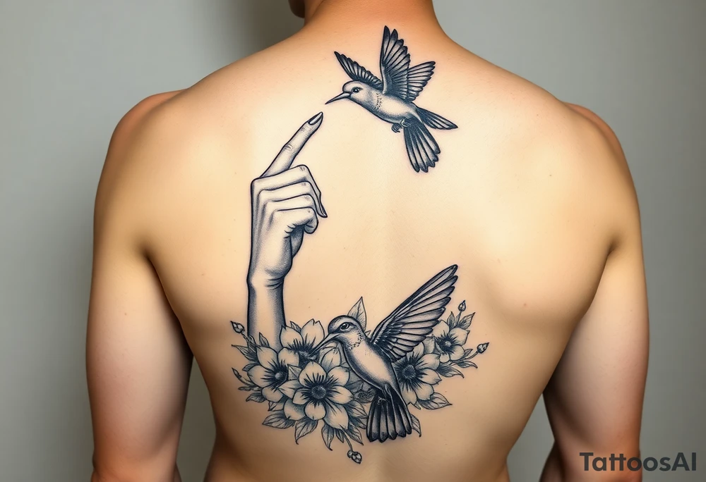 A sexy woman portrait body giving a sexy look and finger in mouth, a black cockatoo red tail flying above her and below her a hummingbird hovering over flowers. Leg design tattoo idea