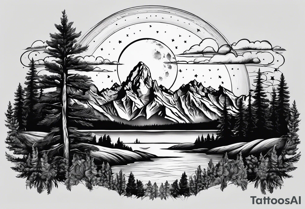Half sleeve of Teton mountain range, moon In the sky and a few for trees tattoo idea