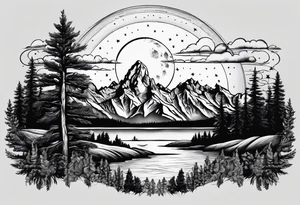 Half sleeve of Teton mountain range, moon In the sky and a few for trees tattoo idea