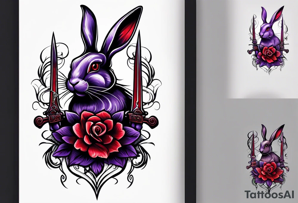 Black, red, and purple rabbit holding a sword tattoo idea