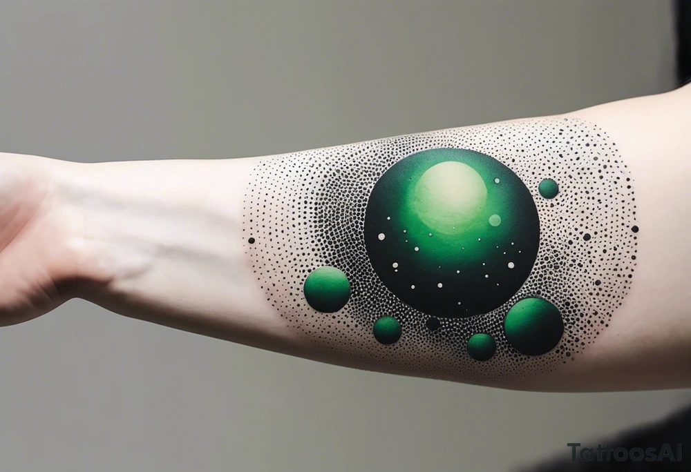 space, abstract, green and black, covered from wrist to forearm, fully covered, no borders, blackwork, no people tattoo idea