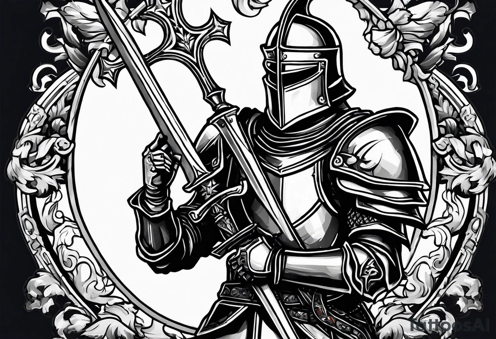 knight holding a bible over his head in combat with both hands tattoo idea