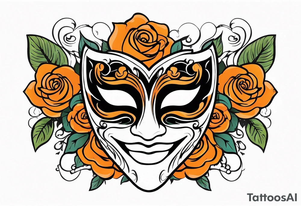 Laughing Male masquerade mask with orange and black roses tattoo idea