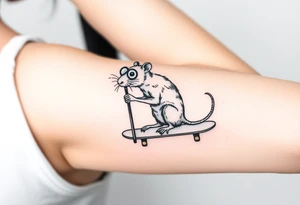 Old rat with a cane and monocle, but instead of a can it is leaning on a skateboard tattoo idea