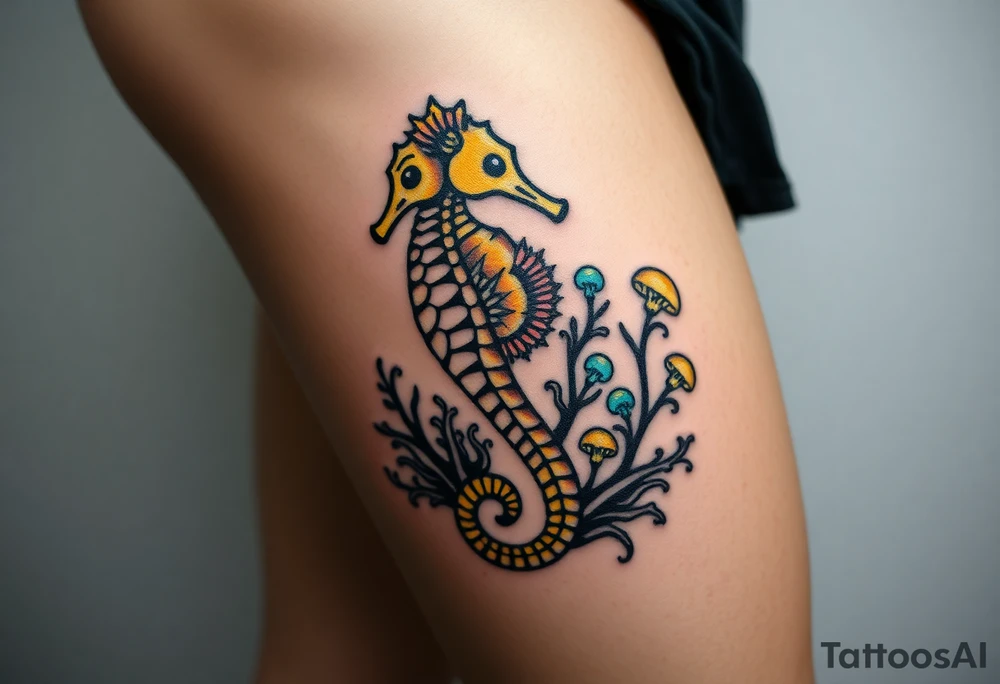 A golden seahorse wrapped in a delicate coral reef, with small glowing bioluminescent jellyfish floating nearby. tattoo idea