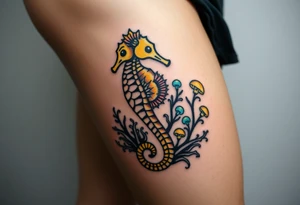 A golden seahorse wrapped in a delicate coral reef, with small glowing bioluminescent jellyfish floating nearby. tattoo idea