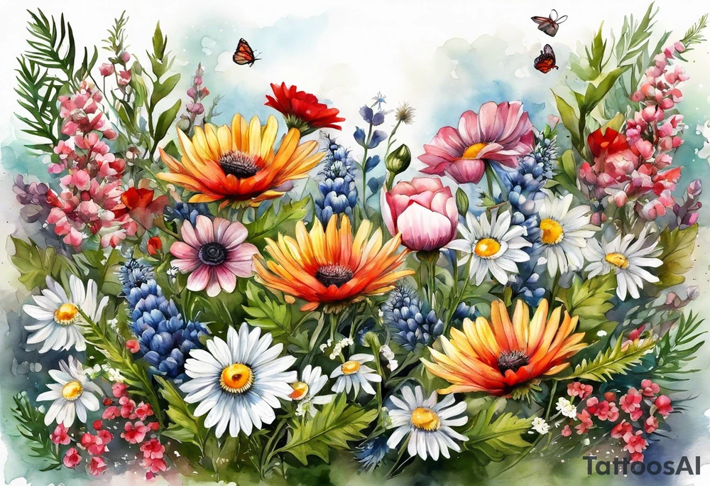 an oval of wildflowers cascading with thistles, ferns, white anemones, sun flowers, red flowers, black flowers, buttercups, pink flowers, babys breath and daisies all in watercolor tattoo idea