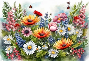 an oval of wildflowers cascading with thistles, ferns, white anemones, sun flowers, red flowers, black flowers, buttercups, pink flowers, babys breath and daisies all in watercolor tattoo idea