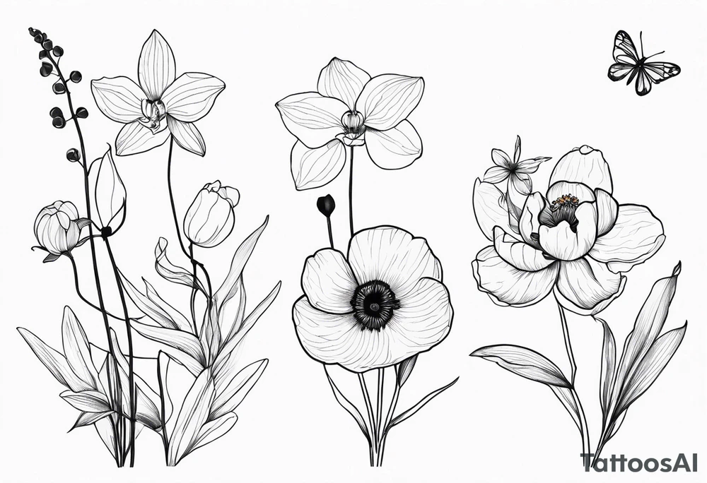 Orchids with wildflowers, poppy, complimentary flowers, bees, peony, forearm tattoo idea