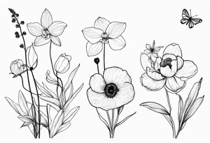 Orchids with wildflowers, poppy, complimentary flowers, bees, peony, forearm tattoo idea