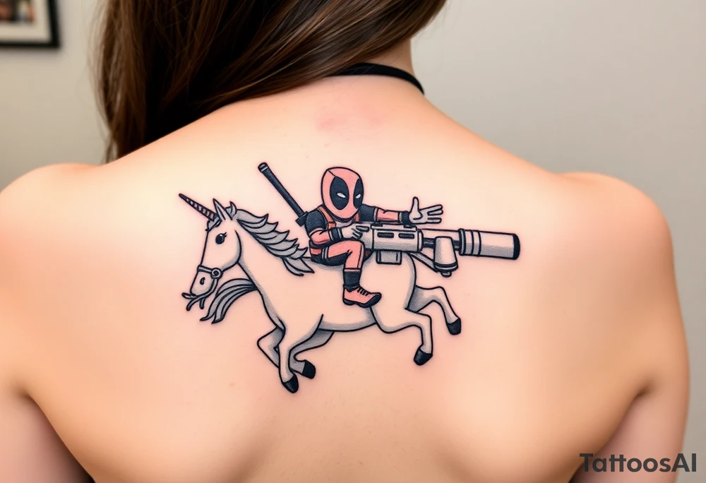 Deadpool riding unicorn pointing rocket propelled grenade launcher tattoo idea