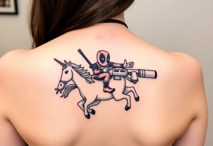 Deadpool riding unicorn pointing rocket propelled grenade launcher tattoo idea