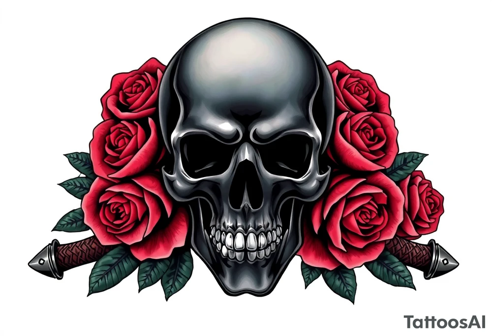 A dark skull with vibrant, blooming roses, crossed broadswords behind. tattoo idea