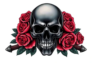 A dark skull with vibrant, blooming roses, crossed broadswords behind. tattoo idea