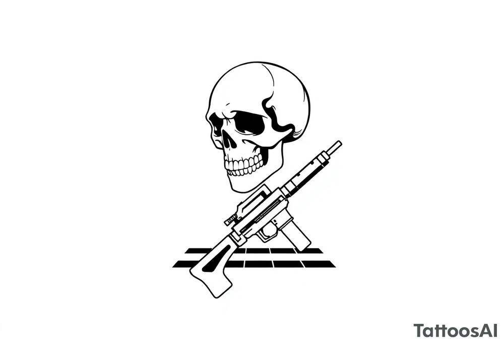 soldier skull with gun and checkered floor tattoo idea