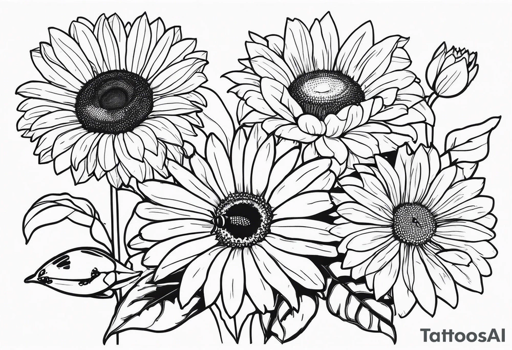 fine line drawing of gerber daisy lilies and sunflowers with a bee and a lady bug tattoo idea