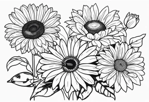 fine line drawing of gerber daisy lilies and sunflowers with a bee and a lady bug tattoo idea