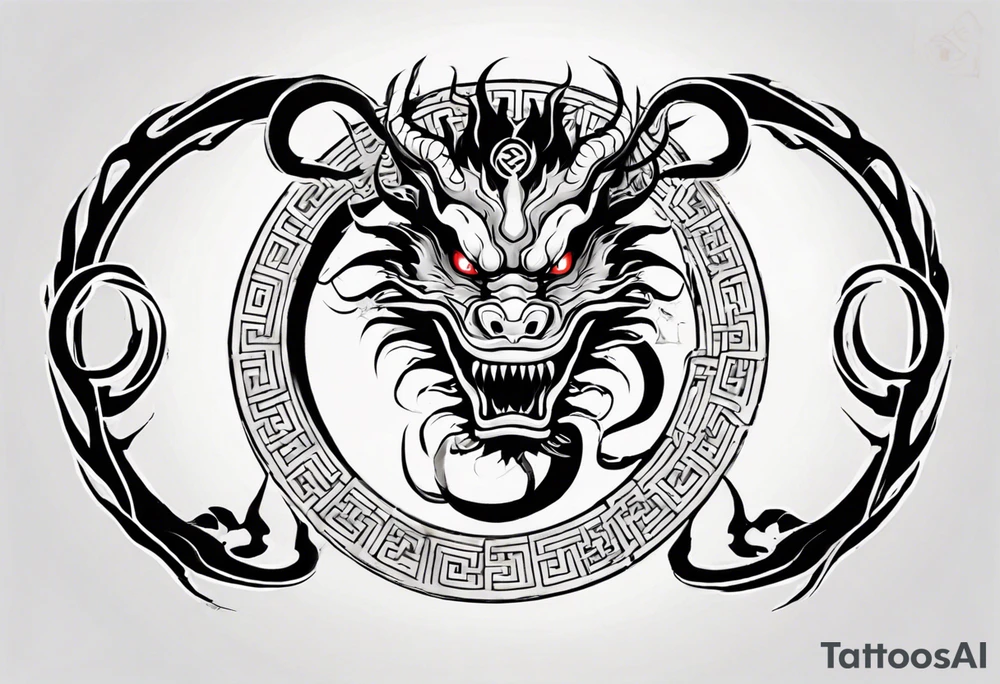 Chinese dragon in a circular shape with "02.03" written on its skin tattoo idea