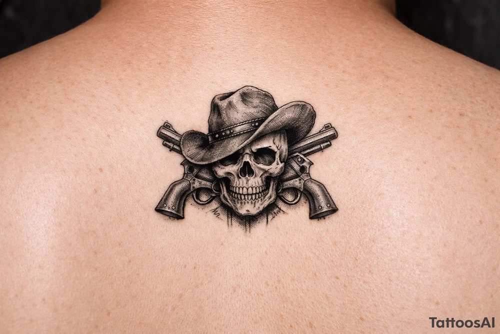 Close-up skull wearing a tilted cowboy hat, pistols flanking. tattoo idea