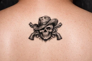 Close-up skull wearing a tilted cowboy hat, pistols flanking. tattoo idea