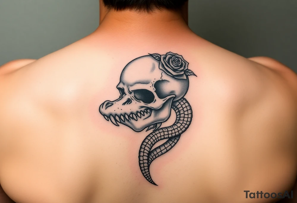 Skull with alligator coiled around it with a Tudor rose above tattoo idea