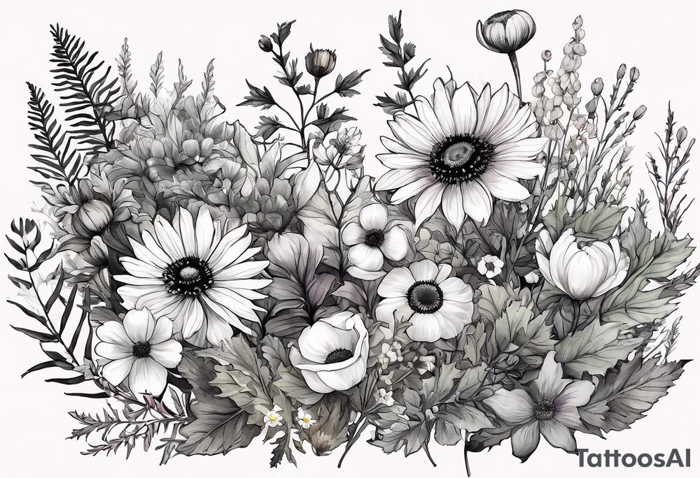 wildflowers with thistles, ferns, ranuculus, white anemones with black center, sun flowers, red flowers, pink flowers, purple flowers, buttercups, babys breath, daisies, and greenery all in watercolor tattoo idea