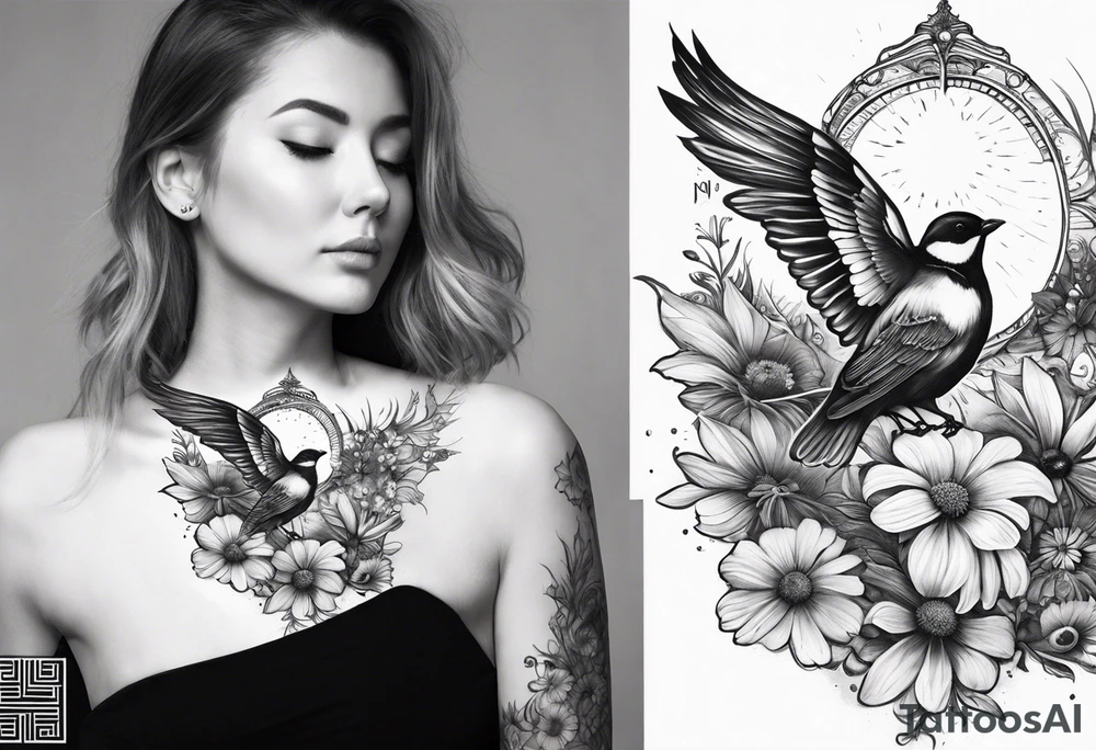 spiritual whole neck sleeve with a flying sparrow on side of neck with cosmos flower and a daisy flower and an iris flower, with staircase
 leading up to light and sunrays, ohm symbol on throat part of neck  about consciousness and transcendence. whole neck sleeve tattoo idea