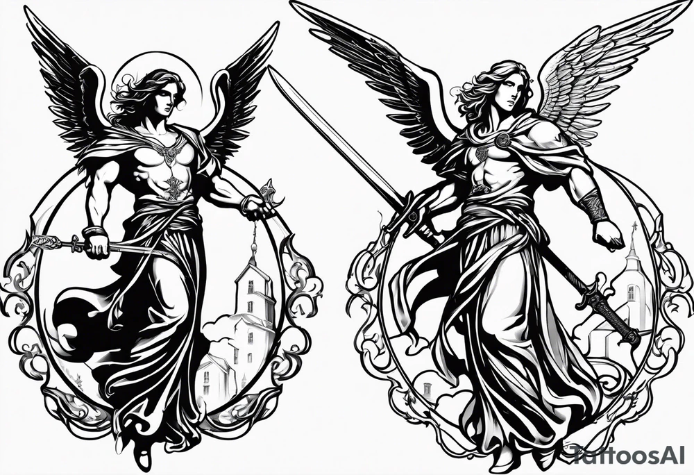 Male American guardian angel with a sword and possessed angel from hell combined together tattoo idea