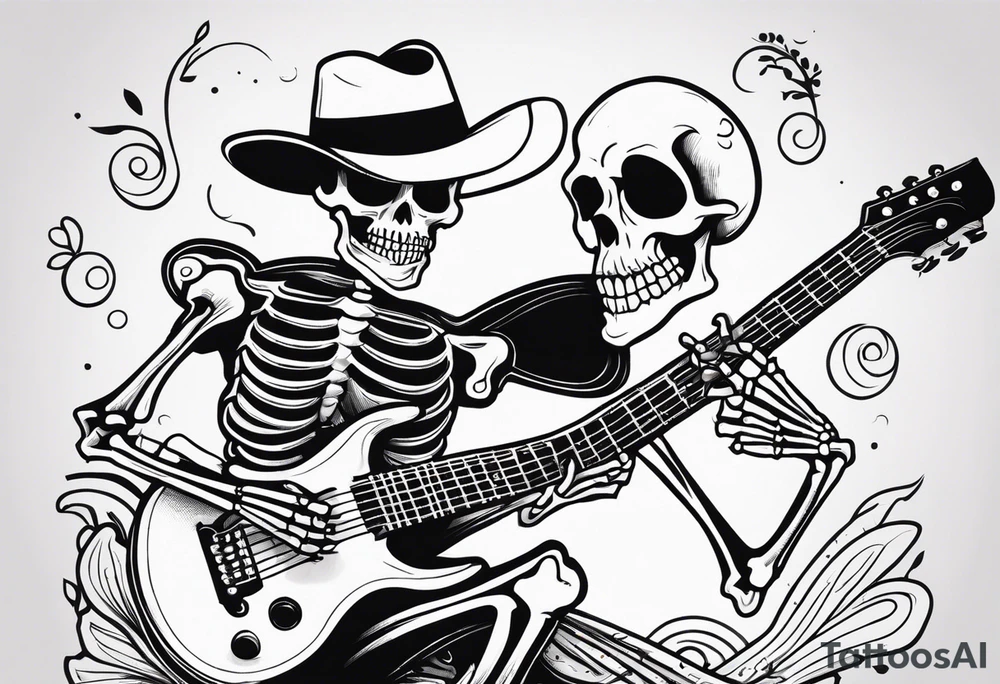 Skeleton playing guitar tattoo idea
