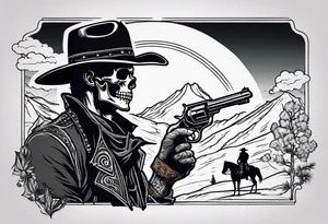 skeleton with a cowboy hat, holding a revolver, in the background there's a western hill and a man on a horseback tattoo idea