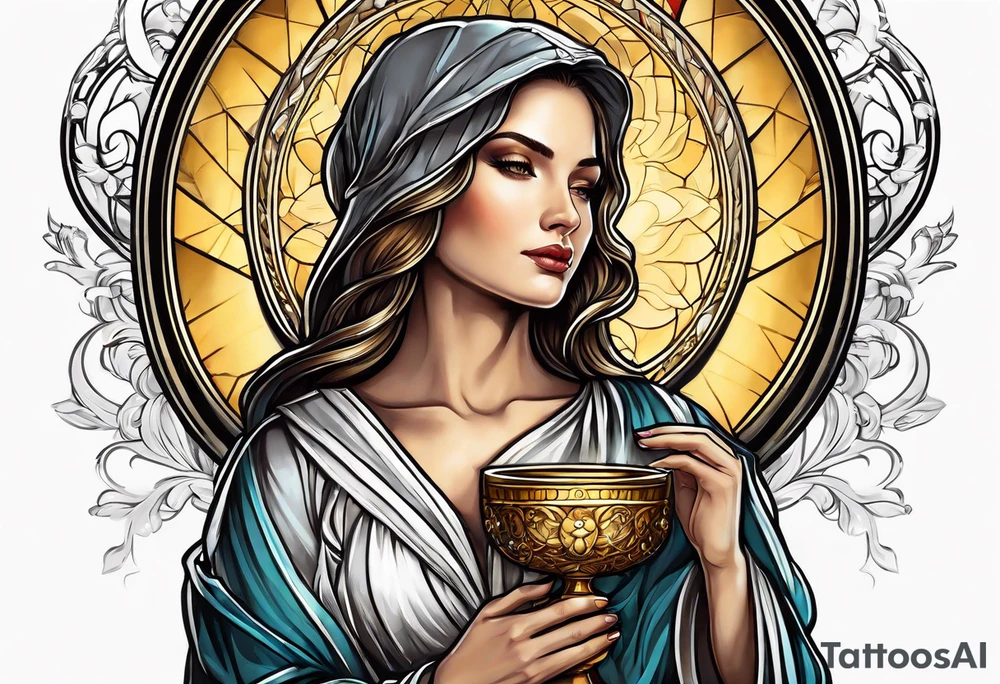 woman saint holding chalice surrounded by golden halo tattoo idea