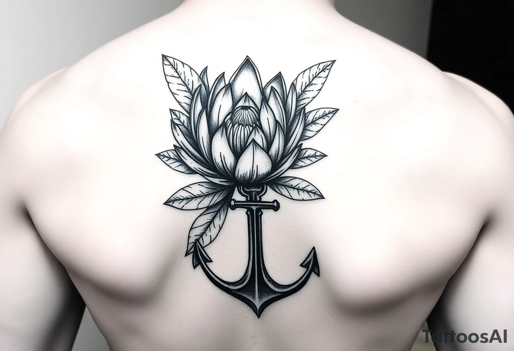 Protea flower with leafs and an anchor tattoo idea