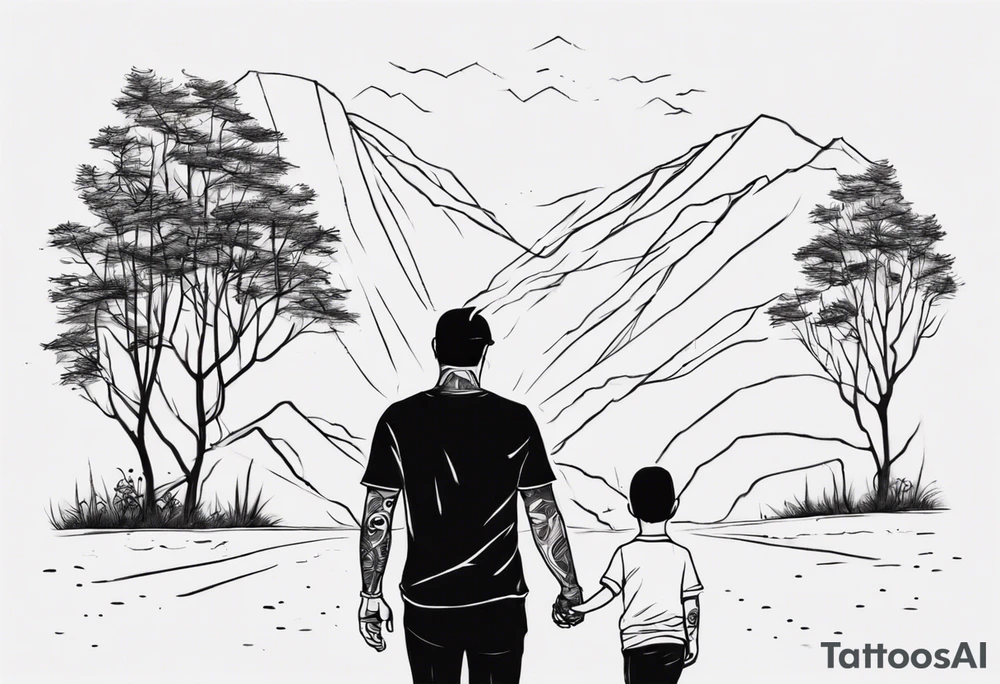 dad and son walks away line drawing tattoo idea