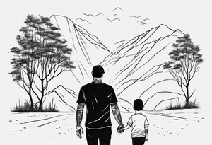 dad and son walks away line drawing tattoo idea